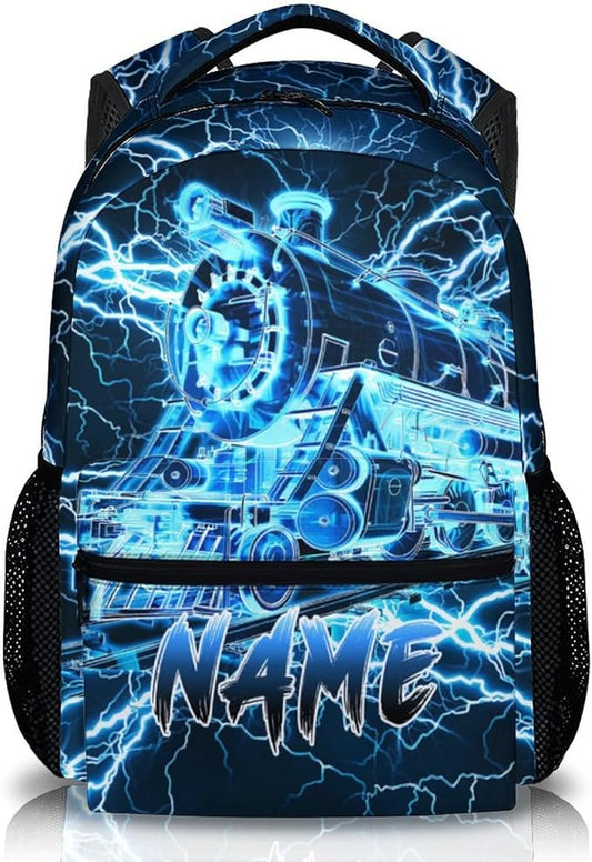 Kids Backpack for Boys, Personalized Train Schoolbag Casual Bag for Primary Senior Middle, 17 Inch Lightweight Durable Custom Lightning Backpacks, Cool Back to School Gift