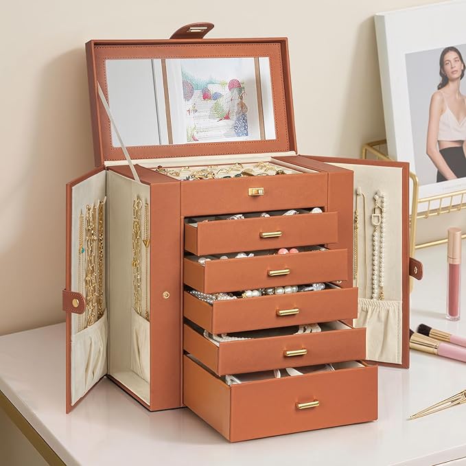 AKOZLIN Huge Jewelry Box Organizer Functional Large Leather Jewelry Storage Case for Women Girls Ring Necklace Earring Bracelet Holder Organizer with Mirror