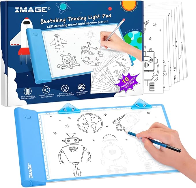 IMAGE Light Up Tracing Pad Blue Drawing Tablet Coloring Board for Kids Children Gift for Boys Girls (Includes 10 Traceable Sheets and Two Clips)