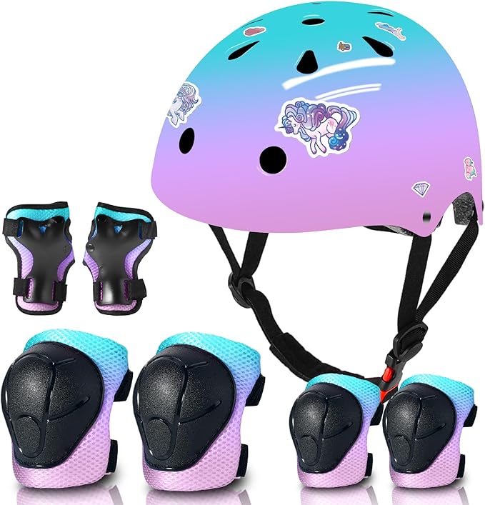 Adjustable Kids Bike Helmet with Knee & Elbow Pads Set, Color Gradient Design for Boys and Girls Aged 3-14+, for Skateboarding, Scooter, Roller & Inline Skating, Longboard