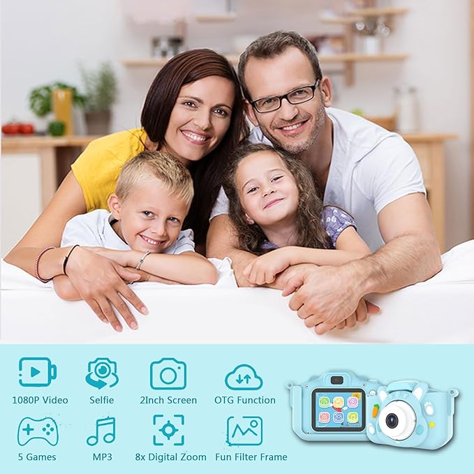 Kids Camera Toys,48MP Dual Lens with 64G SD Card and Cartoon Soft Cover for 3-8 Year Old Girls Boys (Bluer)