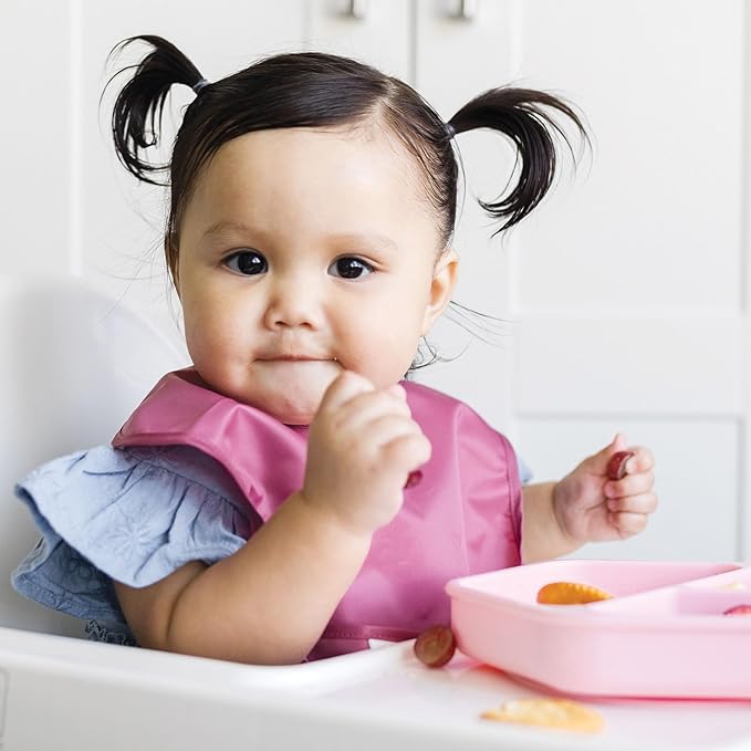 Tiny Twinkle Mess Proof Baby Bibs for Eating - Waterproof, Wipeable Bibs - Toddler Bibs - Travel Friendly - PFAS, PVC, BPA, Phthalate Free - Baby Food Bibs (3 Pack,Blush, Burgundy)