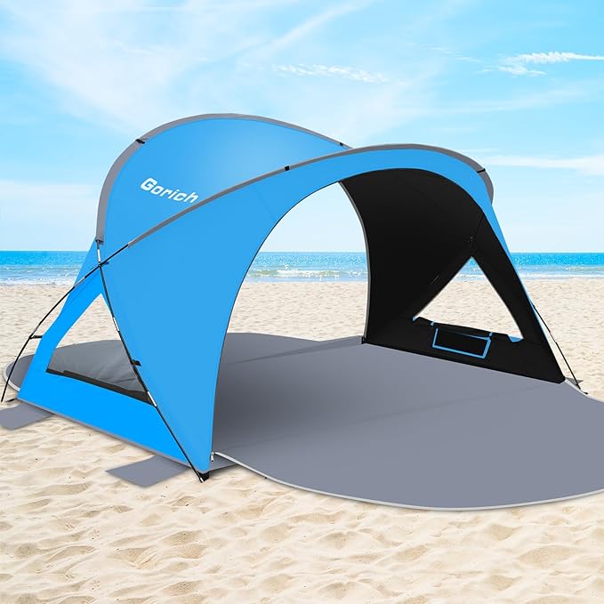 Gorich Beach Tent Sun Shelter with UPF50+ UV Protection for 3/4-5/6-7 Person, Lightweight & Portable Beach Shade Canopy with 2 Zippered Doors, Easy Setup Family Beach Umbrella