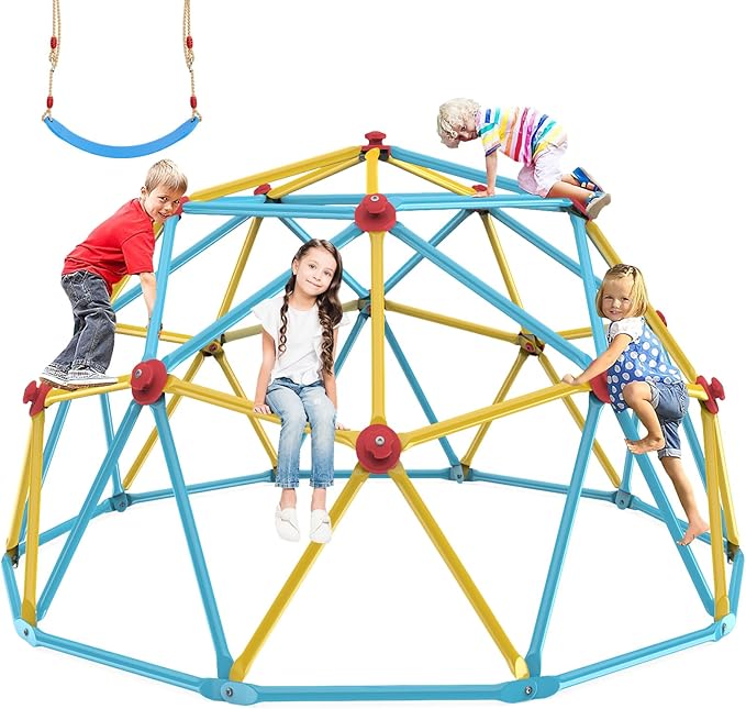 Climbing Dome, 10FT Jungle Gym with Swing for Kids 3 to 10 Outdoor Play Equipment, Supports 800lbs Toddler Play Set, Anti-Rust & Easy Assembly, Gift for Boys Girls (Yellow & Blue)