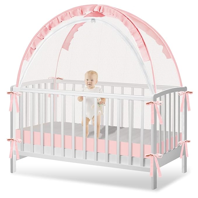 Crib Tent to Keep Baby from Climbing Out - Crib Net to Keep Baby in - Pop Up Breathable Cribs Cover - Canopy with Upgrade Strong Mesh and Durable Zipper (Pink, Lager)