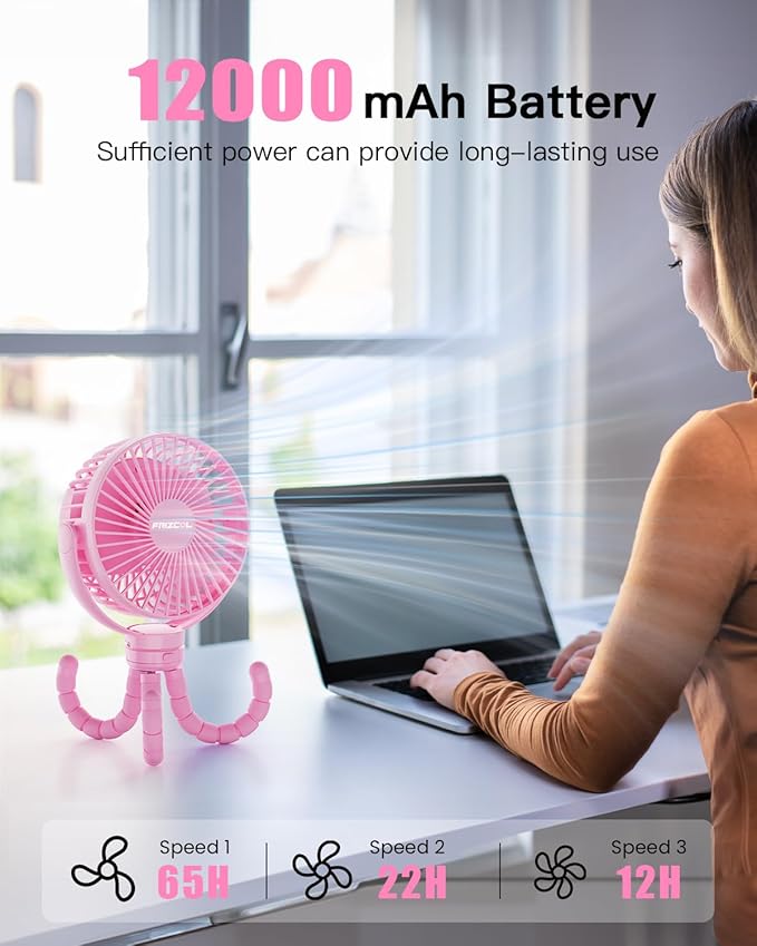 FRIZCOL 12000mAh Portable Stroller Fan, Use As Power Bank, 65H Battery Operated Fan Flexible Tripod Clip On Fans, Detachable Personal Handheld Baby Fans for Stroller, Car seat, Desk, Treadmill（Pink）