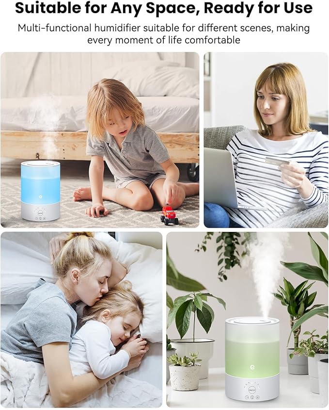 Esemoil Humidifiers for Bedroom, for Large Room, 2.5L Top Fill Cool Mist Humidifiers for Baby, Plants, Smart WiFi Air Humidifier with Diffuser and Nightlight, 28dB, 24H Long Runtime, Work with Alexa