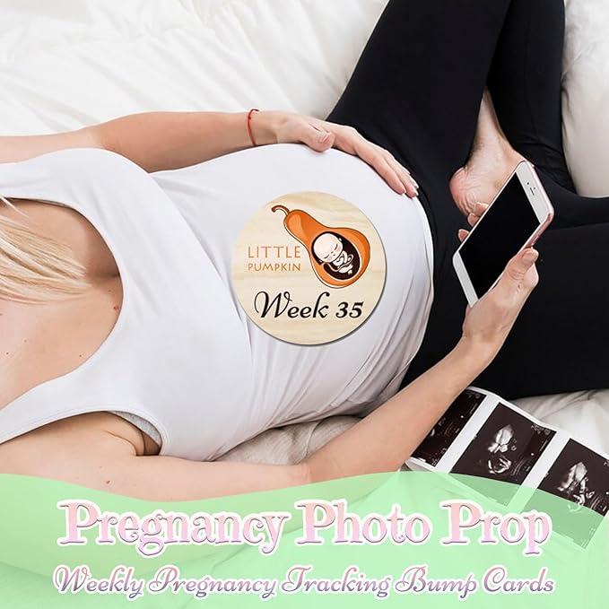 42 Designs Pregnancy Weekly Milestone Signs - Wooden Weekly Baby Bump Tracker Milestone Discs - Trimester Pregnancy Must Haves - Essential Gifts for Mommy to Be (Pregnancy Milestones Cards)