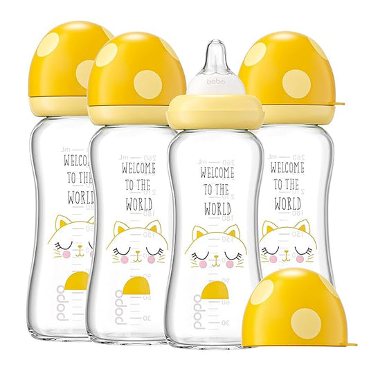 YOHKOH Natural Glass Baby Bottle with Natural Response Nipple, Newborn Anti-Colic Baby Bottles, Wide Neck Mushroom Cap Baby Bottle, Clear (8.8ounce (Pack of 4), Yellow1)