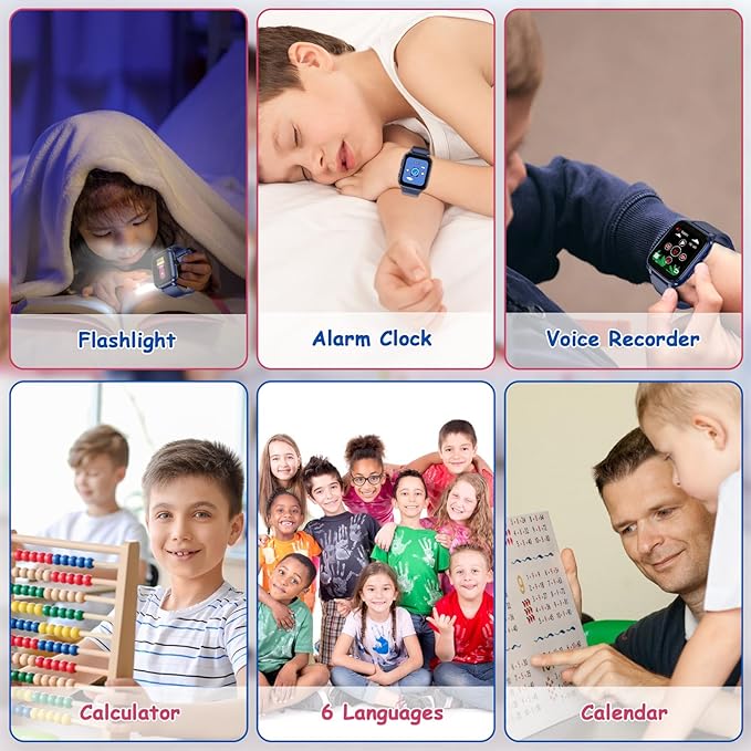 Goodatech 1.69'' Kids Smart Watch 4-12 Years Boys Girls, 26 Puzzle Games,HD Camera,Video Music Player,Pedometer,Flashlight,Alarm Clock,Learn Card,Audio Book,Smartwatch for Children Gifts (Blue)