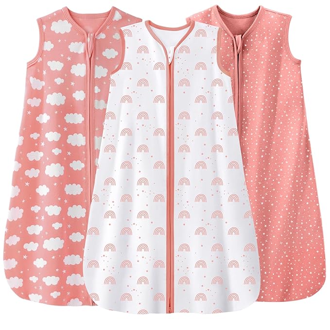 Baby Sleep Sack 0-6 Months 3 Pack 100% Cotton Lightweight 0.5 TOG Wearable Blanket Baby Sleep Bag with 2-Way Zipper for Newborn Infant Toddler Pink