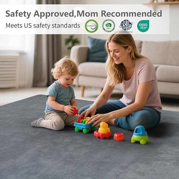 Baby Play Mat for Floor,Extra Large 79"×118" Tummy Time Mat,Thicker Memory Foam Mat for Toddler,Infant,Kids,Water Repellent Ultra Soft Coral Velvet,Non-Slip Backing Safe for Crawling(Dark Grey)