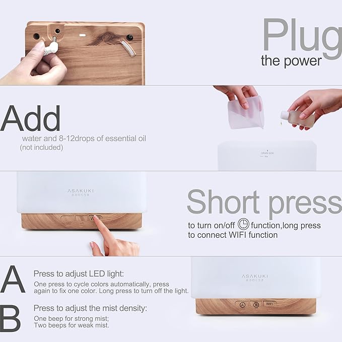 ASAKUKI Smart WiFi Essential Oil Aromatherapy Diffuser, Easy Connect with Alexa and Google Home Phone App Voice Control 700 ml Ultrasonic Diffuser, Create Schedules 7 LED Colors Humidifier