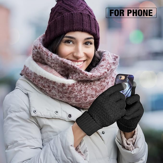 Geyoga 2 Pairs Women's Winter Touch Screen Gloves Soft Warm Fleece Lined Knit Elastic Cuff Winter Texting Gloves