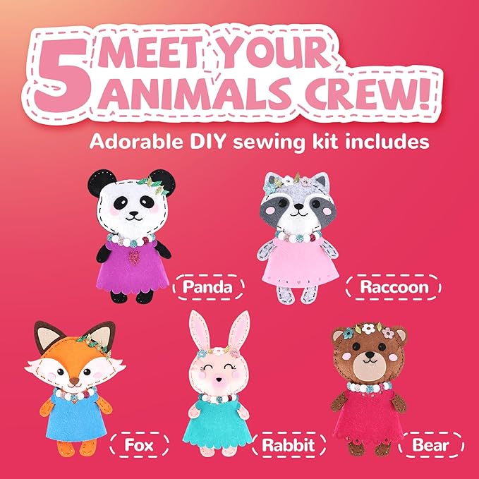 Cymbana Kid Sewing Craft Kit to Make a Friend for Beginner Felt Craft Learn to Sew, Panda Fox Bunny Raccoon Bear 5 Animals