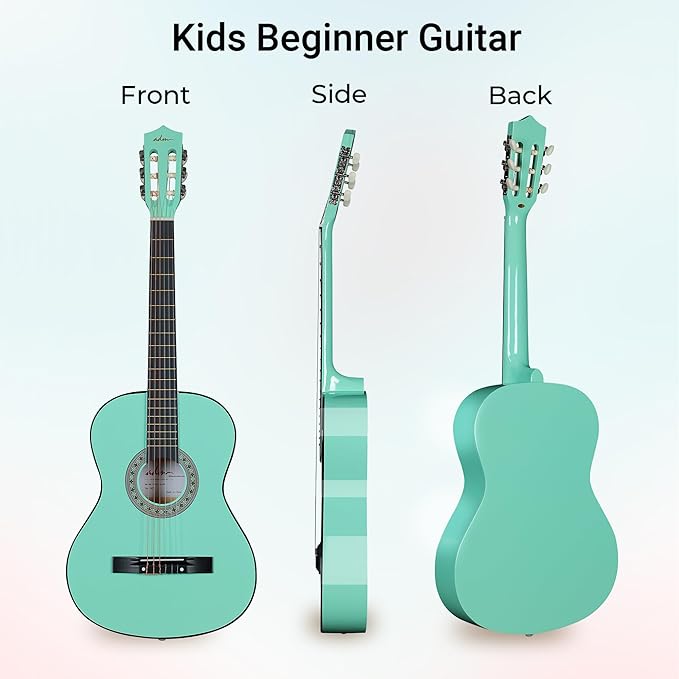 ADM Beginner Acoustic Classical Guitar 38 Inch Nylon Strings Wooden Guitar Bundle Kit for Kid Boy Girl Student Youth Guitarra Online Lessons with Gig Bag, Strap, Tuner, Strings, Cyan Green