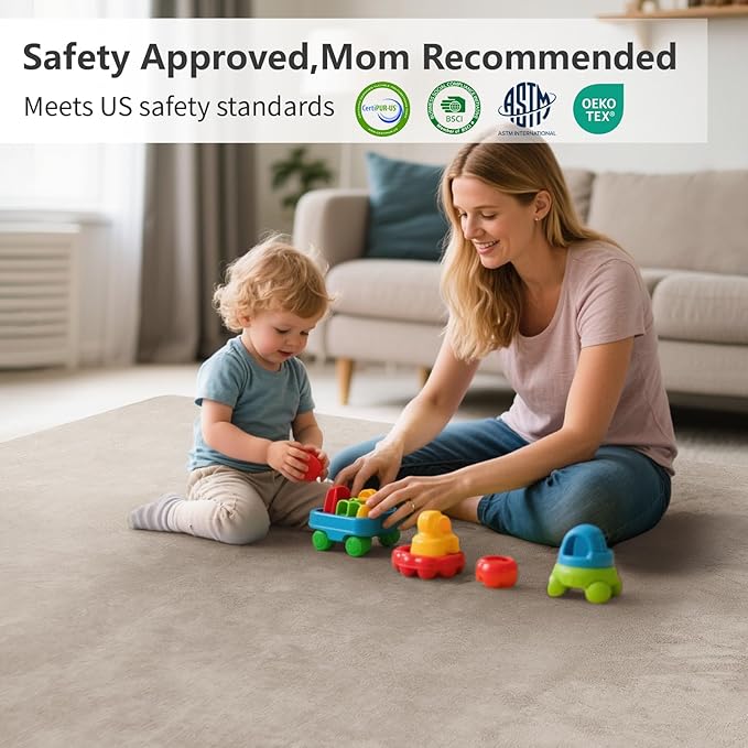 Baby Play Mat for Floor,Extra Large 79"×118" Tummy Time Mat,Thicker Memory Foam Mat for Toddler,Infant,Kids,Water Repellent Ultra Soft Coral Velvet,Non-Slip Backing Safe for Crawling(Beige)