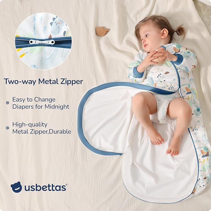 Baby Sleep Sack 6-12 Months, Cotton Detachable Long Sleeve Sleep Sack, 1.0 Tog Toddler Sleeping Sack with Temperature Strips, 2-Way Zipper Wearable Blankets for Newborns, Dinosaur