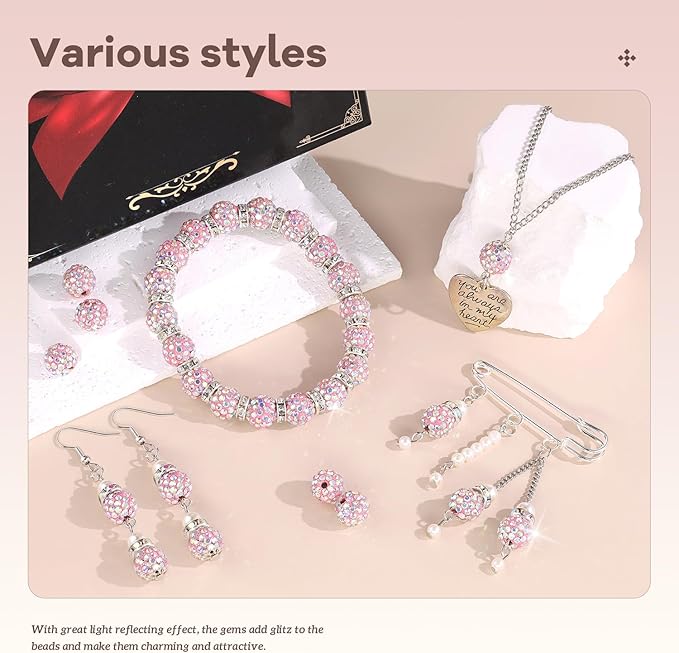 160pcs 10mm Rhinestone Beads for Jewelry Making, Pink AB Shiny Round Disco Ball Beads Bulk, Sparkle Crystal Clay Christmas for Bracelet Baseball Necklace Earring Crafting and DIY