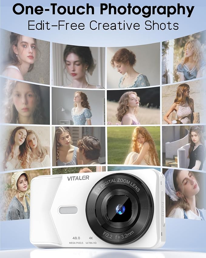 Digital Camera, Autofocus 48MP 4K Camera for Photography with 32GB Card, Portable Compact Point and Shoot Digital Camera for Teens Adult Beginner Kids with Metal Shell, 2000 mAh Battery