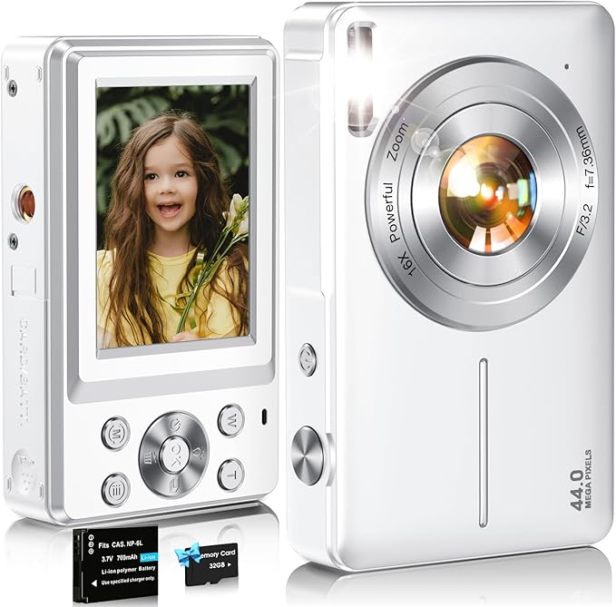 Digital Camera,FHD 1080P Kids Camera 44MP Point and Shoot Digital Cameras with 32GB Card,16X Zoom,Anti-Shake,Date Stamp,Compact Small Cameras Photography for Kids Student Teen Girl Boy(White)