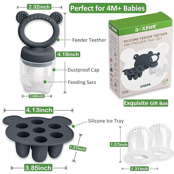 JEXFUN Silicone Baby Food Feeders + Freezer Tray for Batch Prep, Introduce New Foods Safely, Double as Silicone Teething Toys, BPA Free Silicone Feeder for Safe Infant Self Feeding - (Dark Grey)