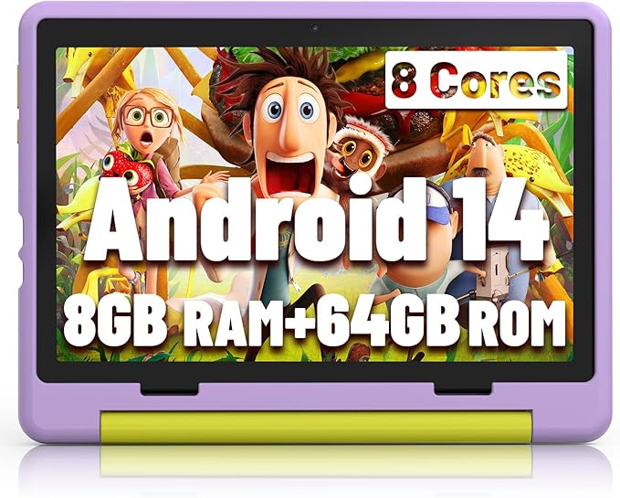 Kids Tablet｜Upgraded Android 14 Tablet 10 inch for Kids with Protective Case｜Octa-Core｜64GB｜1TB TF Card Expandable｜Dual Camera｜Parental Control｜Great Gift for Toddler(Purple)