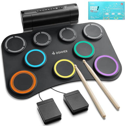 Donner Electric Drum Pad, 9 Pads Electronic Drum Set Roll Up Quiet Drum Pad Built-in Speaker, 40 Drum Lessons Included, Kids Holiday & Birthday Instrument Toys DED-20(SE)