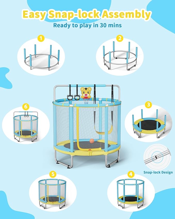 55” Trampoline for Kids, Powder-Coated Mini Trampoline for Toddlers, Indoor Outdoor Toys with Adjustable Gymnastics Bar, Swing, Basketball Hoop, Birthday Gifts for Boys & Girls Ages 1-8