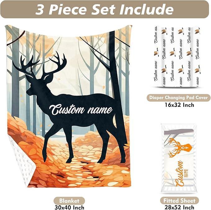 Custom Name Crib Bedding Set - Orange Sika Deer Pattern, Personalized Nursery Bedding 3-Piece Set– Soft Blanket, Fitted Sheet, Changing Pad Cover – for Newborns Girls Nursery Gifts
