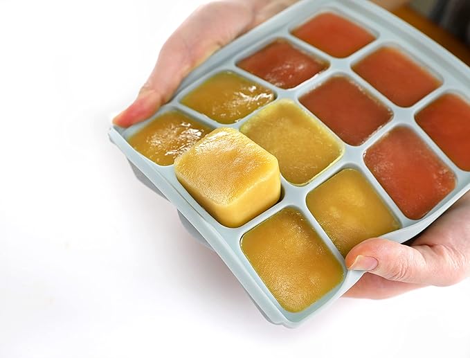 Baby Food Storage Silicone Cubes with Clip-On Lid Freezer Tray Baby Food Soups Purees Ice Easy and Safe Design Made in Korea(12 Sand Beige)