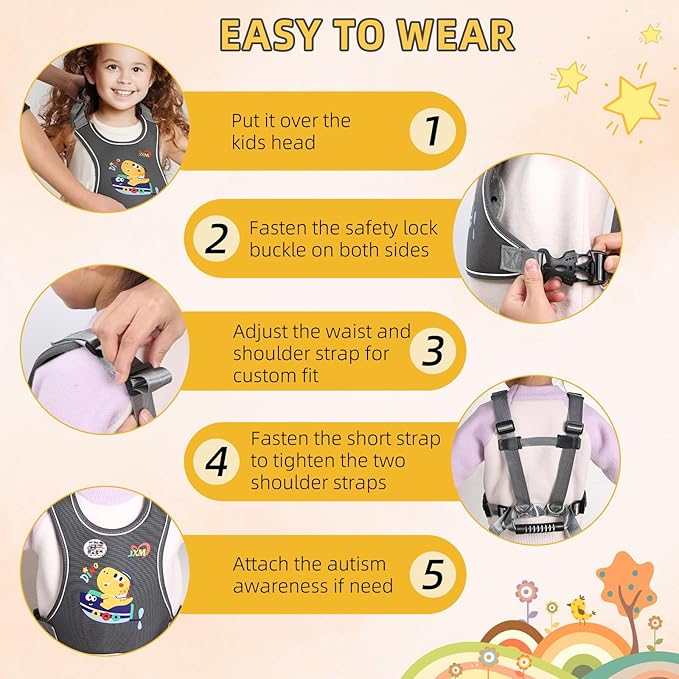 2025 New Safety Walking Harness for Big Kids (6-12yrs) with Autism Special Needs ADHD, Anti-Elopement Vest Harness with Grab Handle and Light Reflector, Adjustable Leash for Autistic, Active Child