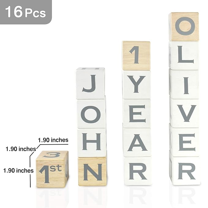 I'm Solid Wood Baby ABC Alphabet Milestone Age Blocks, Personalized Own Name, Gender Neutral, Newborn Gifts & Keepsakes for Picture Props (1.9" / 16 Pcs/White)