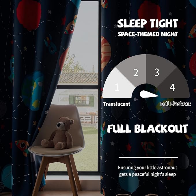 Kids Space Themed Blackout Curtains - 2 Panels, Each W52×L54, 100% Blackout, Perfect for Bedroom and Nursery, Energy Saving with Vibrant Cosmos Patterns