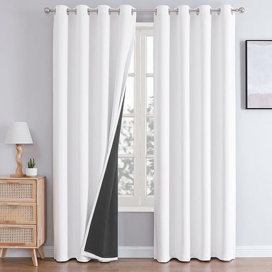 ChrisDowa White 100% Blackout Curtains 102 inch Long for Bedroom with Black Liner, 2 Thick Layers Total Blackout Thermal Insulated Grommet Window Curtains 2 Panels Set (Pure White, 52 x 102 Inch)
