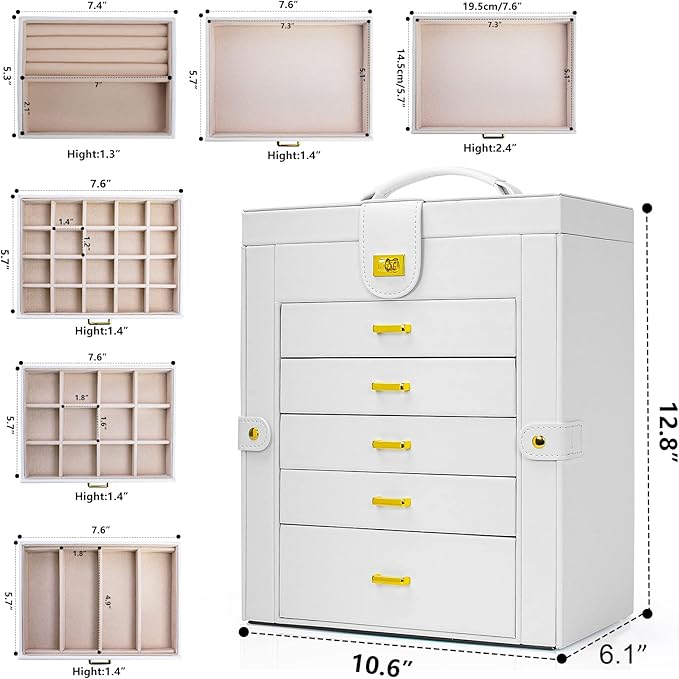 AKOZLIN Large Jewelry Box Organizer Functional with Big Mirror, Leather Jewelry Storage Case for Women Girls Ring Necklace Earring Bracelet Holder Organizer White