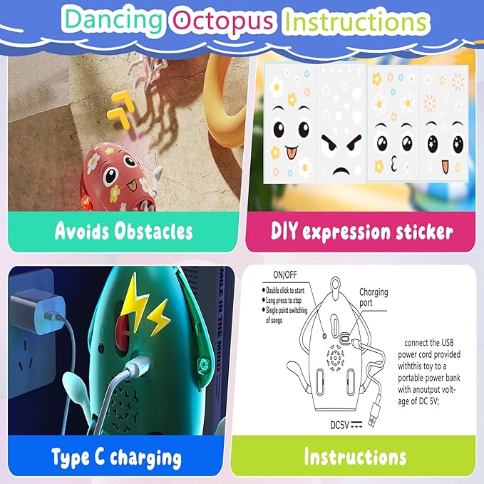 Dancing Octopus Toy Electric Crawling Baby Toy with Lights & Music Tummy Time Octopus Toy | DIY Expressions, Obstacle Avoidance | for Boys and Girls Party Gift Birthday, Christmas (Green)