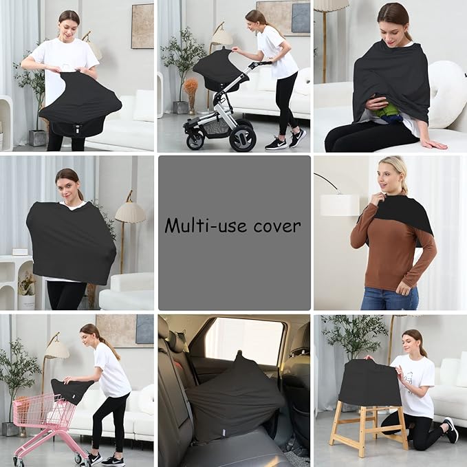Carseat Covers for Baby Breastfeeding – Multi use Car Seat Canopy Cover, Infant Stroller Canopy Cover for Boy and Girls (Black Print)