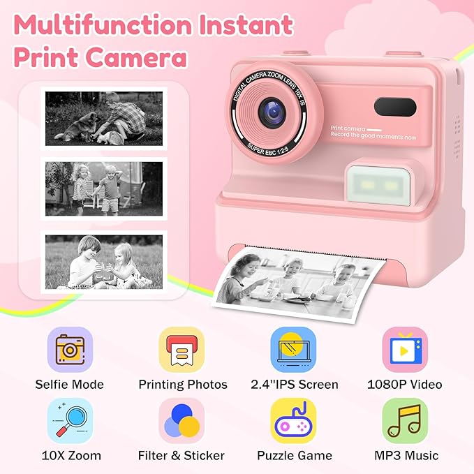 Kids Camera Instant Print, Dual-Lens Selfie Camera for Kids with 1080P Videos, 2.4 Inch Screen, 32GB SD Cards & 3 Rolls Print Paper, Christmas Birthday Gifts for Girls Age 3-12