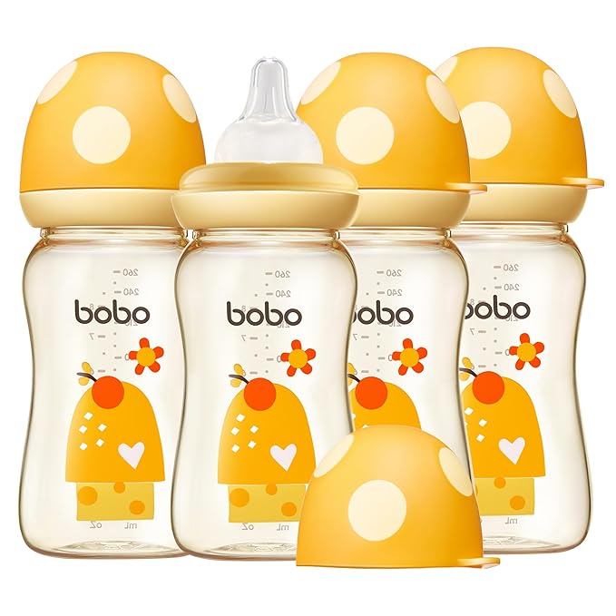 YOHKOH PPSU Baby Bottle Wide Neck, Newborn Anti-Colic Baby Bottle with Natural Response Nipple, Streamlined Body, Easy to Clean (8.8oz (Pack of 4), Yellow)