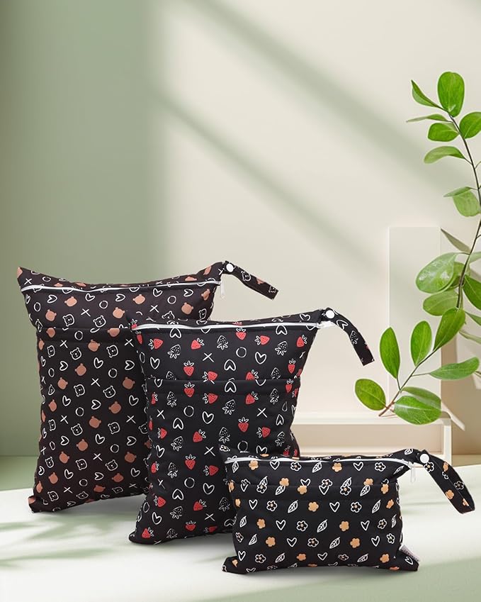 ALVABABY 3 Cloth Diaper Wet Dry Bags Waterproof Reusable with Two Zippered Pockets Travel Beach Pool Daycare Soiled Baby Items Yoga Gym Bag for Swimsuits or Wet Clothes Small Medium Large 3L-SML10