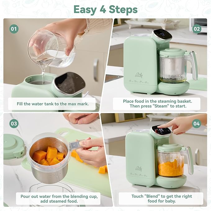 Baby Food Maker, 5 in 1 Baby Food Processor with Steaming Basket, Auto Cooking & Grinding, Touch Screen Control, Baby Steamer and Blender, Baby Food Puree Maker Warmer Mills Machine (Green)