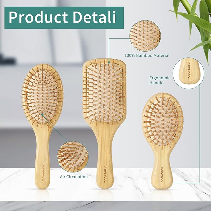 Bamboo Hair Brush Set, Natural Wooden Bamboo Comb Paddle Detangling Hairbrush for Hair Growth - Wide-tooth and Tail Comb Suitable for Thick/Thin/Curly/Dry Hair