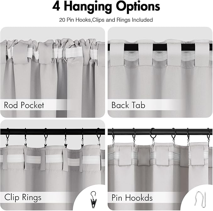 ANRODUO Back Tab Blackout Curtains for Bedroom Living Room, Rod Pocket Pinch Pleated Thermal Insulated Room Darkening Curtains 54 Inches Long 2 Panels, Greyish White, 42 x 54 Inch
