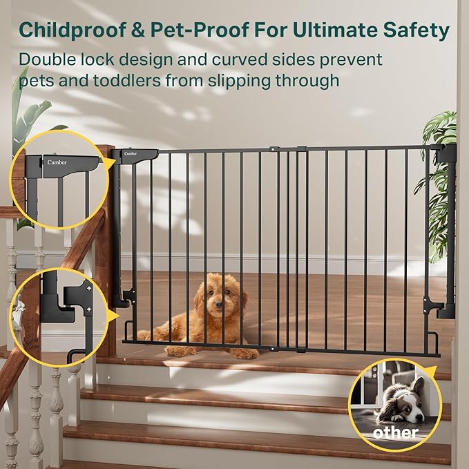 Cumbor 31.6-48" No Bottom Bar Baby Gate for Stairs, 2-in-1 Auto Close Dog Gate Indoor, Hardware Mounted Pet Gate for Doorways with Large Walk Thru Door, Child-Proof Safety Gate for Kids (Black)