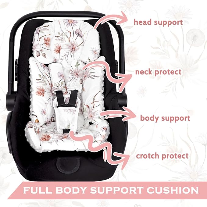 Infant Car Seat Insert and Strap Covers, Very Soft Car Seat Head Support Baby Girl Boy, Reversible Newborn Carseat Insert Cushion Fits for Stroller, Baby Swing, Bouncer (White Flower)