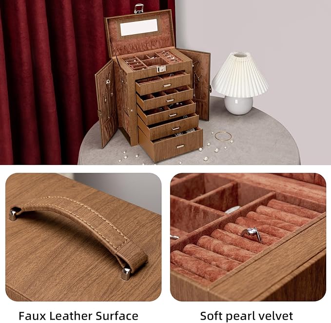 6 Tier Jewelry Box, Jewelry Case with 5 Drawers, Large Storage Capacity, with Mirror, Lockable, Jewelry Storage Organizer, Gift for Loved Ones