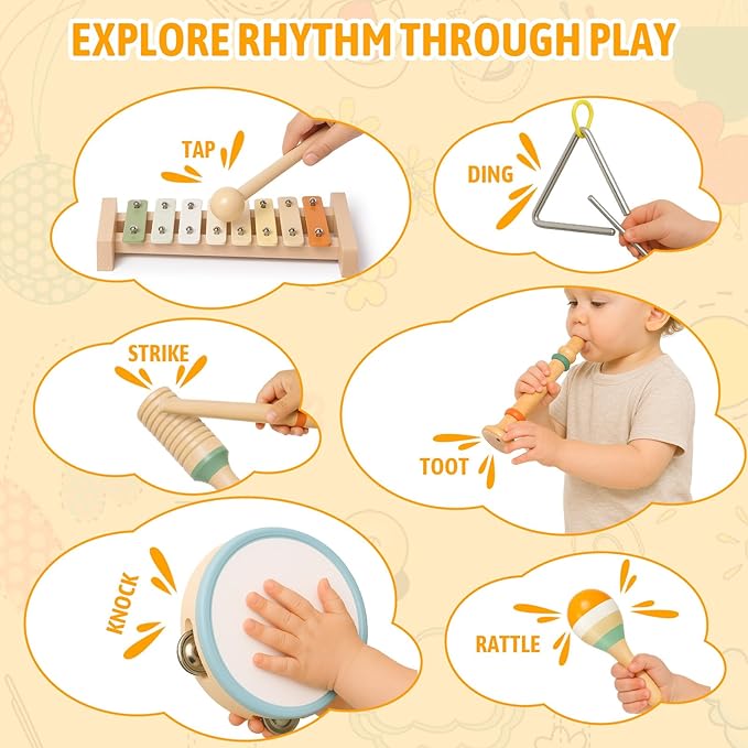 Baby Musical Instruments - Wooden Montessori Toys for Toddlers 1-3, Baby Musical Toys Percussion Instruments Set with Xylophone Tambourine, Neutral Preschool Educational Baby Toys for Boy Girls Gifts