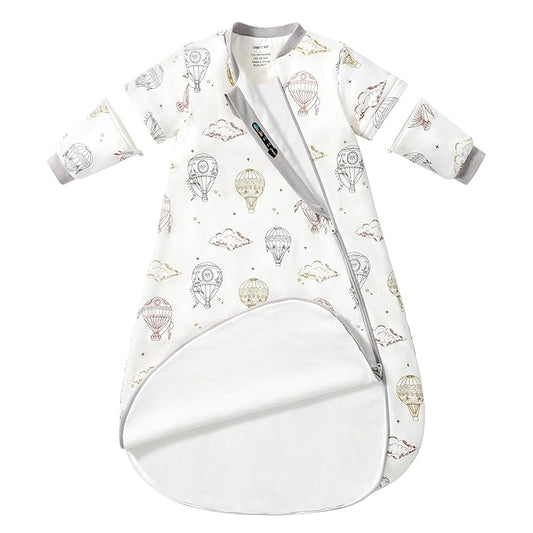 Baby Sleep Sack 3-6 Months, Cotton Detachable Long Sleeve Sleep Sack, 1.0 Tog Toddler Sleeping Sack with Temperature Strips, 2-Way Zipper Wearable Blankets for Newborns, Hot Air Balloon