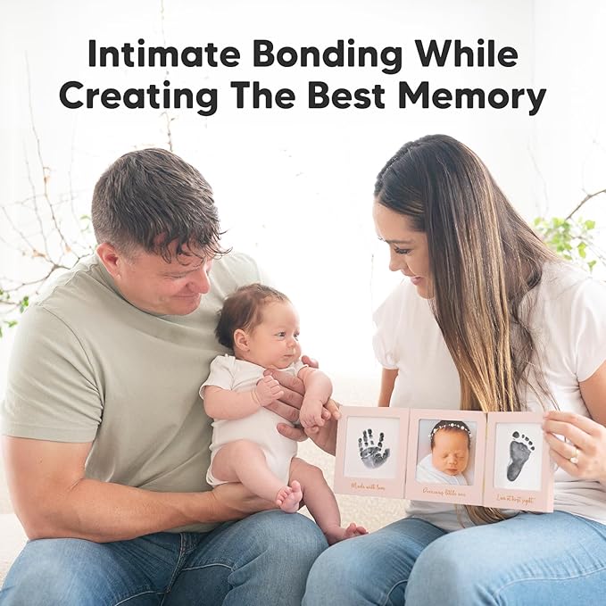 Inkless Baby Handprint and Footprint Kit for Newborn - Baby Footprint Kit, Newborn Keepsake Nursery Picture Frame,Dog Paw Print Maker,Personalized Gifts for New Mom,Showers & Registry(Petal Pink/Gold)